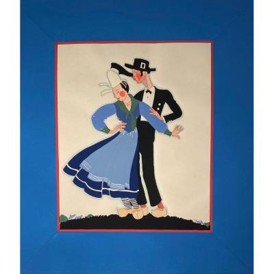 Stencil Art Deco Couple Of Breton Dancers