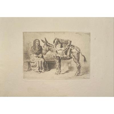 Print By Felix Buhot: The Assisi Cacoletiere