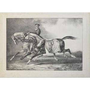 Lithograph By Gericault And Cogniet: Two Dapple Gray Horses Being Walked