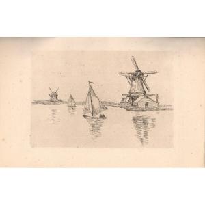 Etching By Armand Guillaumin: The Windmills On The Canal In Holland