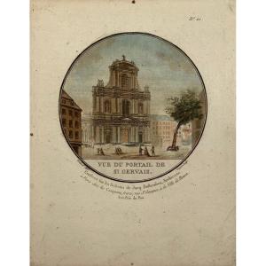 18th Century Engraving By Guyot: View Of The Portal Of Saint Gervais