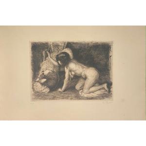 Engraving By Ernest Rouart: Naked Woman With Dog