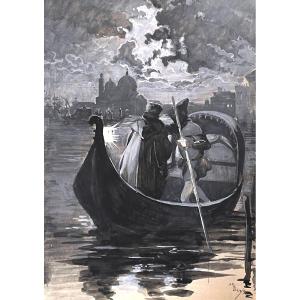 Alonso De Parys (1885-1936) - Venice, A Gondola At Night - Ink And Gouache