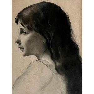 Portrait Of A Young Girl - Late 19th, Early 20th Century - Drawing 