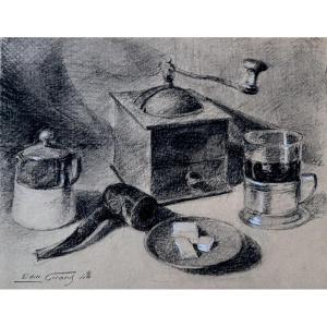 Edmond Girard - Still Life With Coffee Grinder And Pipe - Black Stone And Chalk