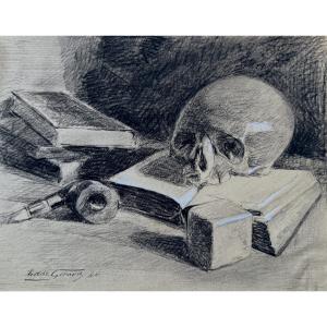Edmond Girard - Memento Mori - Vanitas - Still Life With Skull - Black Stone And Chalk