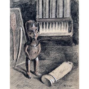 Edmond Girard - Still Life With An African Kongo Statuette - Black Stone, Red Chalk And Chalk