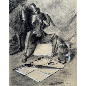Edmond Girard - Still Life With Artist's Mannequin And Palette - Black Stone And Chalk