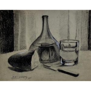 Edmond Girard - Still Life With Glass, Knife And Carafe - Black Stone And Chalk - 1946