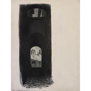 Georges Leroux - Alleyway In Assisi, At Night - Drawing - Circa 1910 - Italy