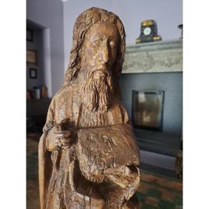15th Century Spanish School, Sculpture Of Saint John The Baptist H 61 Cm