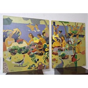 Joan Carles Roca Sans (barcelona 1946), Diptych The Seven Deadly Sins 1984 (l 120 Cm)