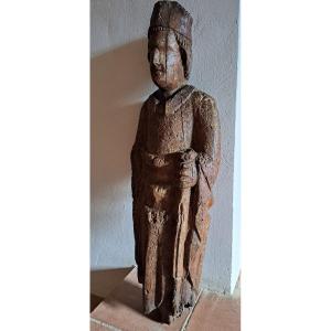 15th Century French School, Sculpture Of Saint Eveque (h 77 Cm)