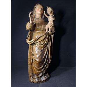 France 18th Century, Sculpture Of Virgin And Child Holding The Globe (h 66 Cm)
