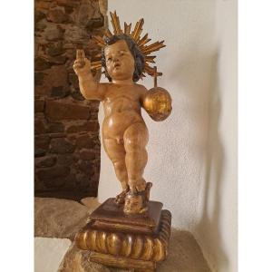 Late 17th, Early 18th: Sculpture Of Child Jesus With Cruciferous Globe H 57 Cm