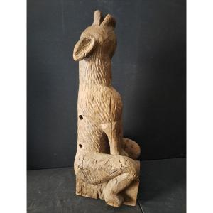 France, 16th Century, Large Wooden Sculpture Of A Wolf Gargoyle (l 81 Cm)