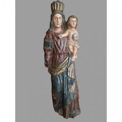 Large Virgin And Child In Carved Wood, Early XIXth (h 107 Cm)