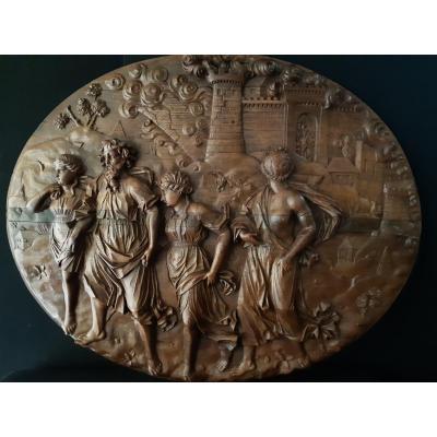  18th Century French School, Very Large Wooden Relief Tondo 90 X 114cm