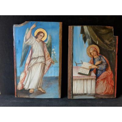 French School, Early 19th Century: The Annunciation On Wooden Panels (h 56 Cm W 36 Cm)