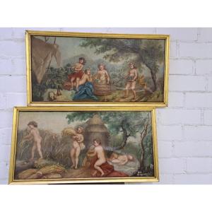 French School Late Nineteenth, Pair Of Oils On Canvas Summer And Autumn (40 X 83 Cm)