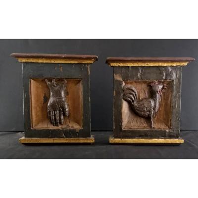 Pair Of Decorative Panels, XVIIth With A Rooster And Glove Pattern (h 38 Cm)