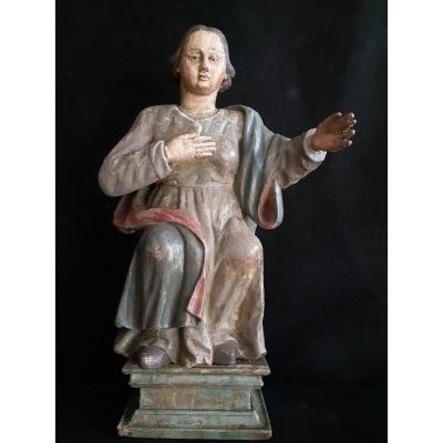 French School Early XIXth, Virgin Of The Annunciation In Polychromed Carved Wood (h 54 Cm)