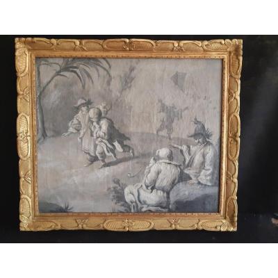 French School XIXth, Follower Of Pillement, Chinese Children With Kite (h 52 / L62 Cm)