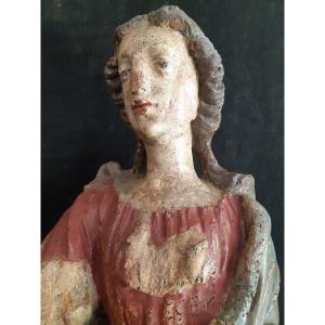 Large Wooden Sculpture Representing Saint Agnes, End Of The 17th Century (h 97 Cm)