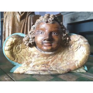 Decorative Element In Carved Wood With An 18th Century Angel Head (l 33 Cm)