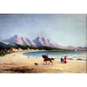 Jules Monge (1855-1934) Rider, Dog And Characters On The Prado Beach In Marseille