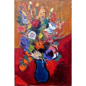 Pierre Ambrogiani (1907-1985) Bouquet Of Flowers In Blue Vase