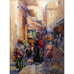 Gilbert Galland (1870-1950) Lively Street In The Old Quarters Of Marseille