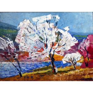 Raoul Van Maldere (1875-1947) Trees In Flowers By The Pond