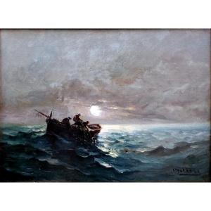 Louis Nattero (1870-1915) Moonlight Fishing Scene