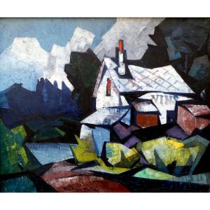 Raoul Van Maldere (1875-1947) House On The Edge Of A Lake In A Mountainous Landscape