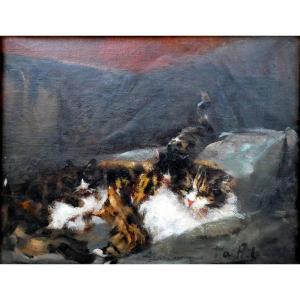 Edouard Paillet (1859-1925) Cat Nursing Her Kittens