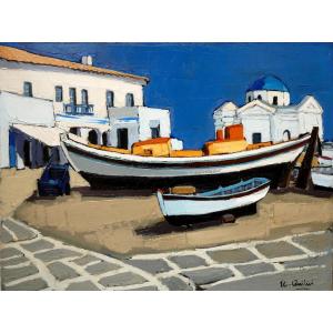 Jean-claude Quilici (1941-) Mykonos, Boat On Land In The Port.