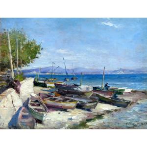 Adrien Tanoux (1865-1923) Fishing Boats On Land At l'Estaque - Marseille