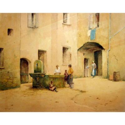 Adam Knight (1855-1931) Characters At La Fontaine In Saint Paul Du Var