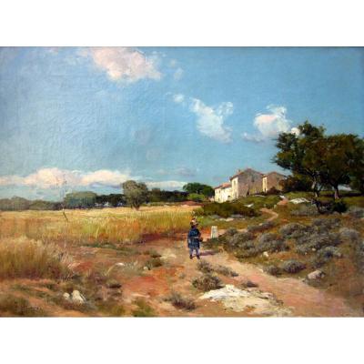 Théophile Décanis (1847-1917) Mas In A Provencal Landscape Animated With A Child And A Donkey
