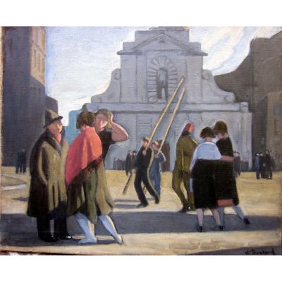 Etienne Bouchaud (1898-1989) Figures In Front Of The Church On The Old Port Of Marseille