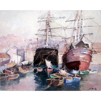 François Nardi (1861-1936) Ships In The Old Port Of Marseille - Watercolor
