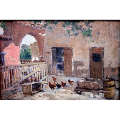 Sauveur Bernay Théric (1874-1963) Farmyard Animated By Chickens And Pigeons