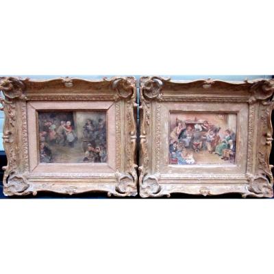 Isabelle Mège (1878-1966) Pair Of Small Genre Scenes Paintings - The Ball And The Amateur Musicians