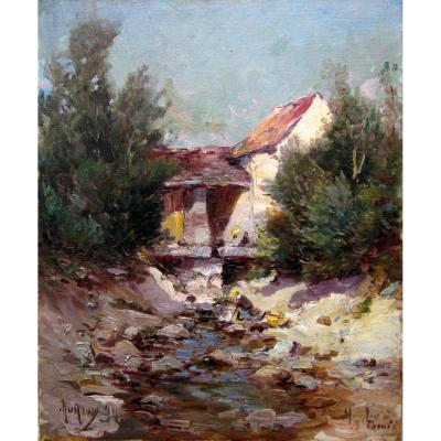 Charles Malfroy (1862-1918) Washerwoman In Front Of A Mill At Saint Thomé In Ardèche