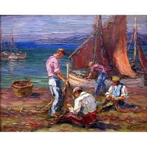 Victor Cuguen (1882-1969) Fishermen Ravauding Their Nets