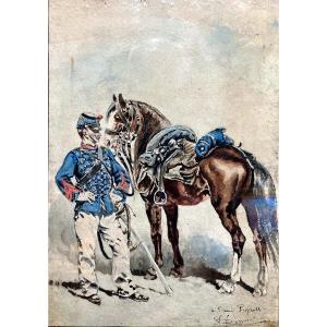 Roussel (19th) The Hussar Soldier - Watercolor