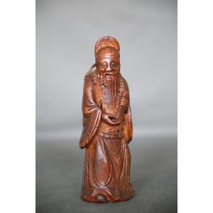 Ancient Chinese Bamboo Sculpture Depicting The Immortal Cao Guojiu - China, 20th Century