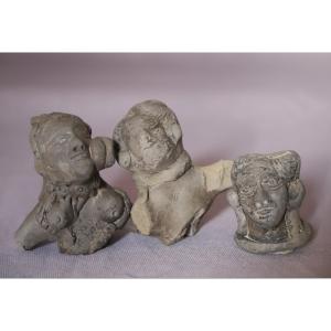 Three Fragments Of Goddess Busts - India, Maurya Empire, 3rd-2nd Century Bc