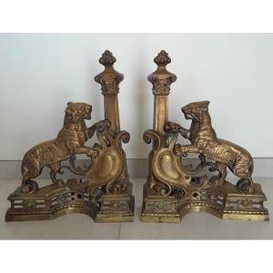 Pair Of Bronze Andirons - France, 19th Century